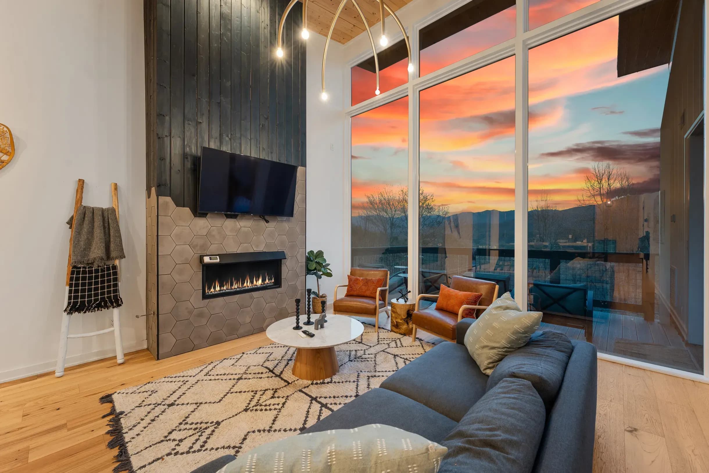 Open-plan living with modern fireplace